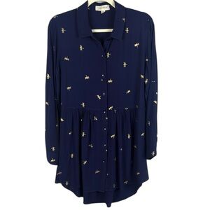 Luna Moon Dragonfly Embroidered Blue Button Down Tunic Size Large